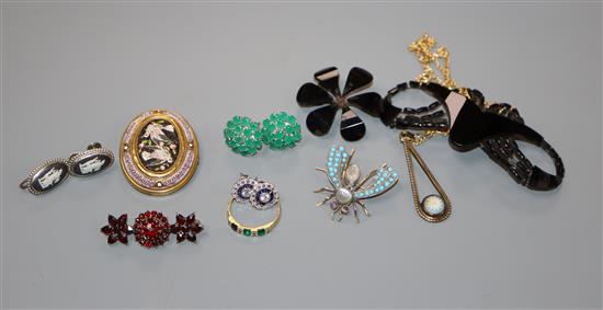 An 18ct gold emerald and diamond ring, a gem set bug brooch, a micro mosaic brooch and other jewellery including garnet.